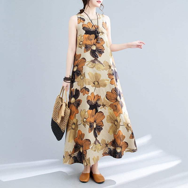 New Simple Fashion Bohemian Maxi Dress Sleeveless Round Neck Printed Dress Women