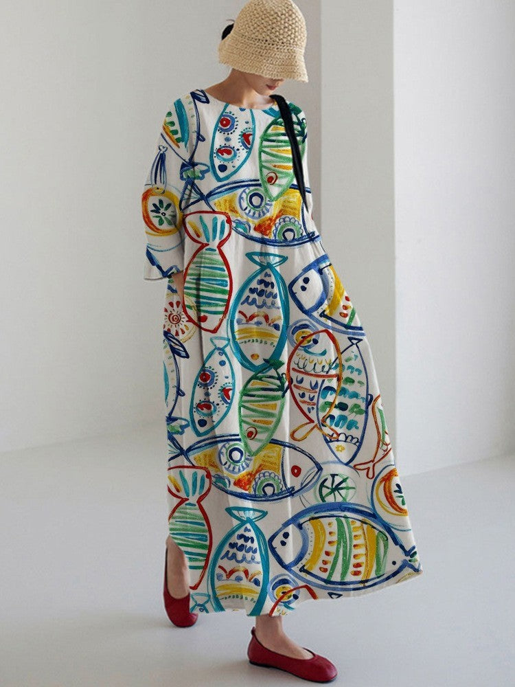 Elegant Retro Printing Crafts Long Sleeve Dress Ladies
