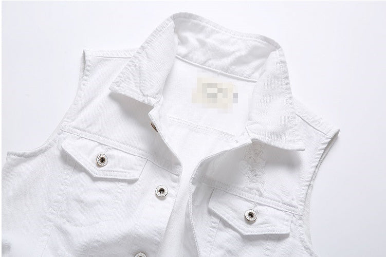 Casual Holes Pocket White Denim Vests