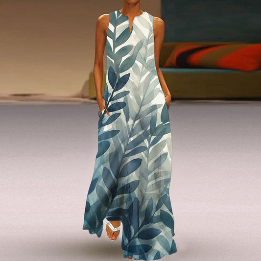 Printed V-neck Pocket Long Dress Swing