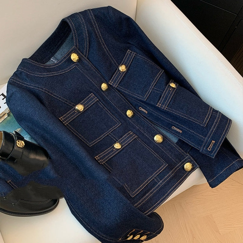 Classic Style Retro Blue Denim Coat For Women
