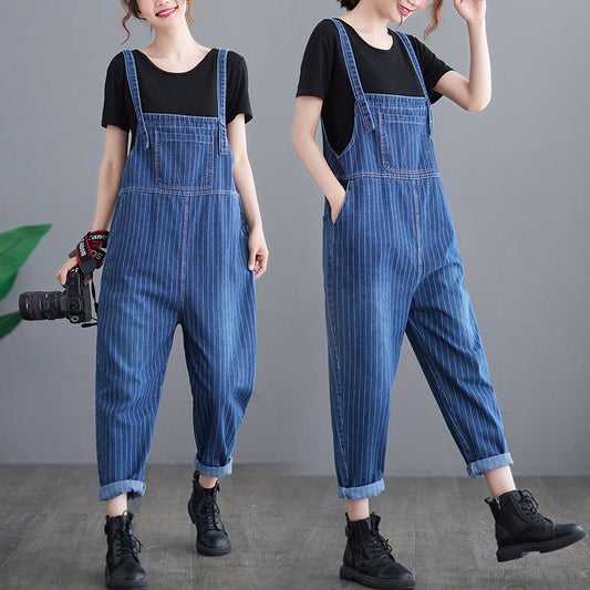 Plus Size Women's New Striped Denim Overalls