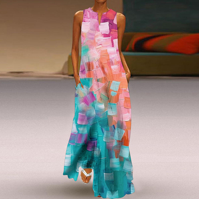 Printed V-neck Pocket Long Dress Swing