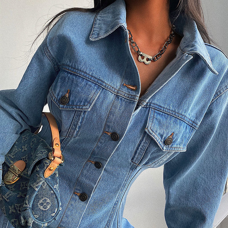 Long Sleeve Denim One-piece Dress Mid-length Jacket