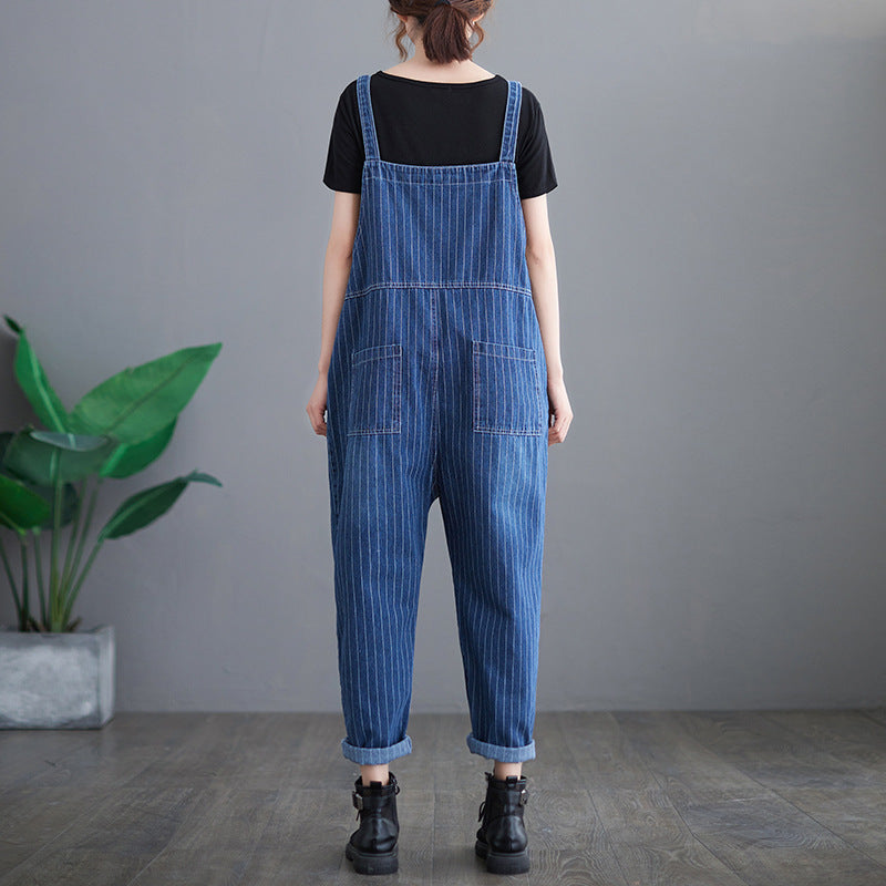 Plus Size Women's New Striped Denim Overalls
