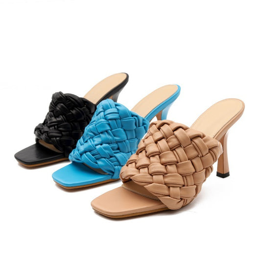 European And American Hand-woven High-heel Slippers With Square Toe Stiletto
