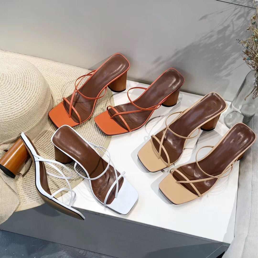 Leather Thin Strap Square Toe Block Heel Women Sandals
