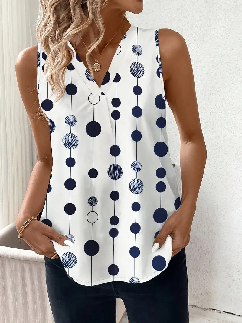 Women's Elegant Black And White Polka Dot Sleeveless V-neck Top