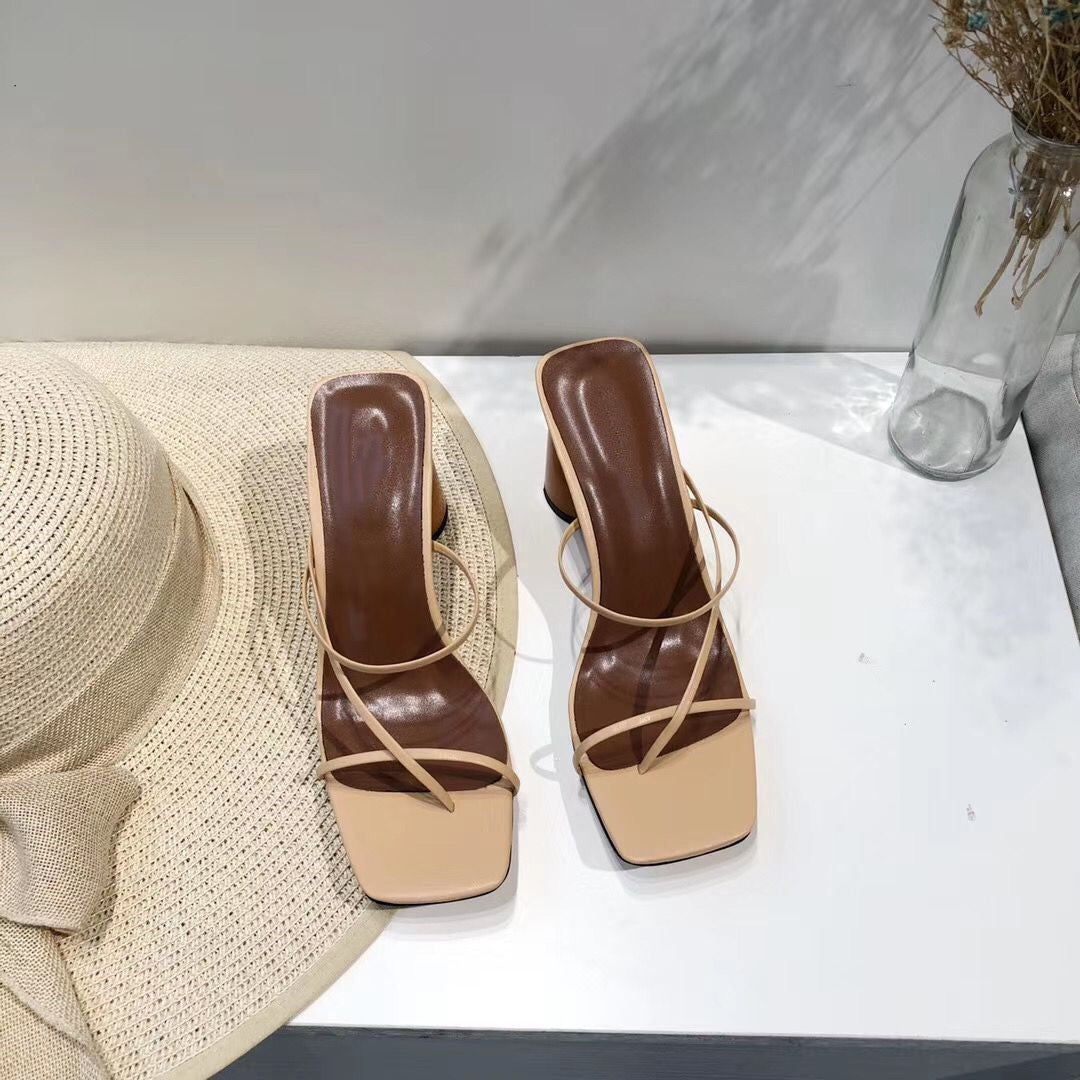 Leather Thin Strap Square Toe Block Heel Women Sandals