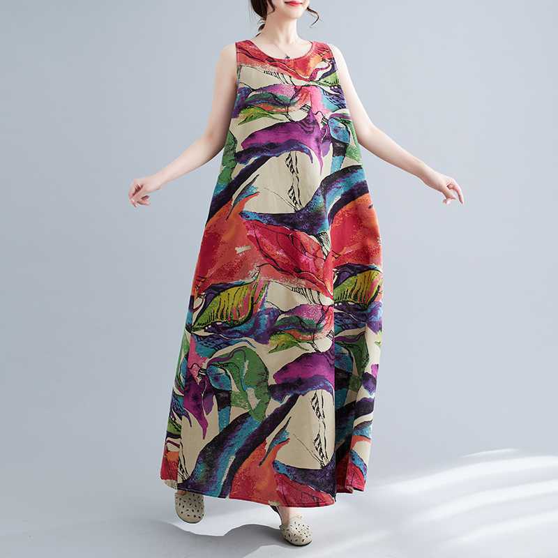 Vintage Floral Linen Sleeveless Round Neck Dress