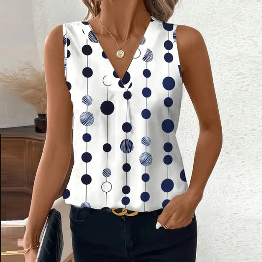 Women's Elegant Black And White Polka Dot Sleeveless V-neck Top