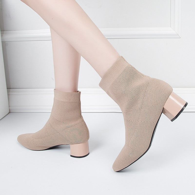 Stretch Boots Women's Mid-heel Pointed Knit Socks Shoes