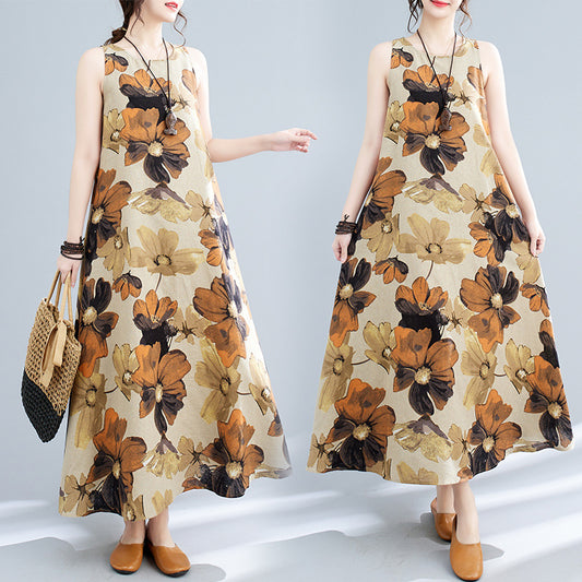 New Simple Fashion Bohemian Maxi Dress Sleeveless Round Neck Printed Dress Women