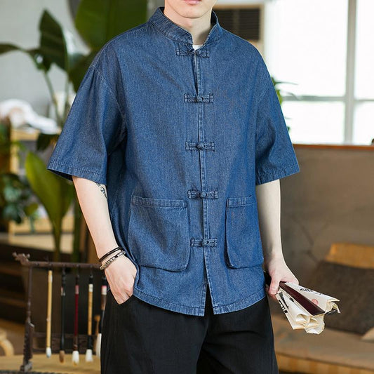 New Summer Men's Retro Denim Tang Suit Cardigan