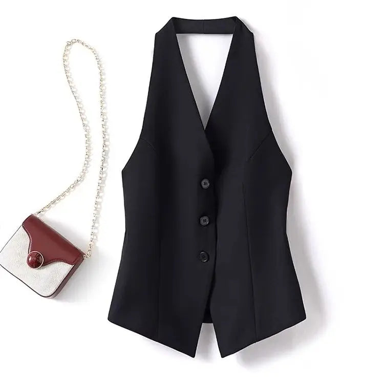 Spicy Girl Halter Neck Sleeveless Short Suit Vests Women's Spring Summer Waist Slim All-match Casual Single Breasted Tank Tops