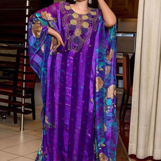 Elegant Beads Sequins Printing Long Robe African Dress