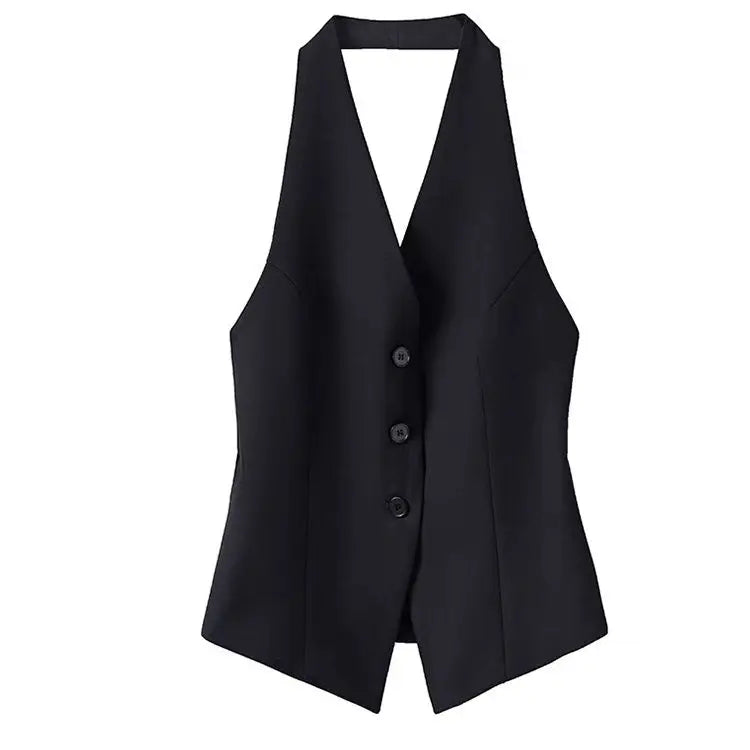 Spicy Girl Halter Neck Sleeveless Short Suit Vests Women's Spring Summer Waist Slim All-match Casual Single Breasted Tank Tops