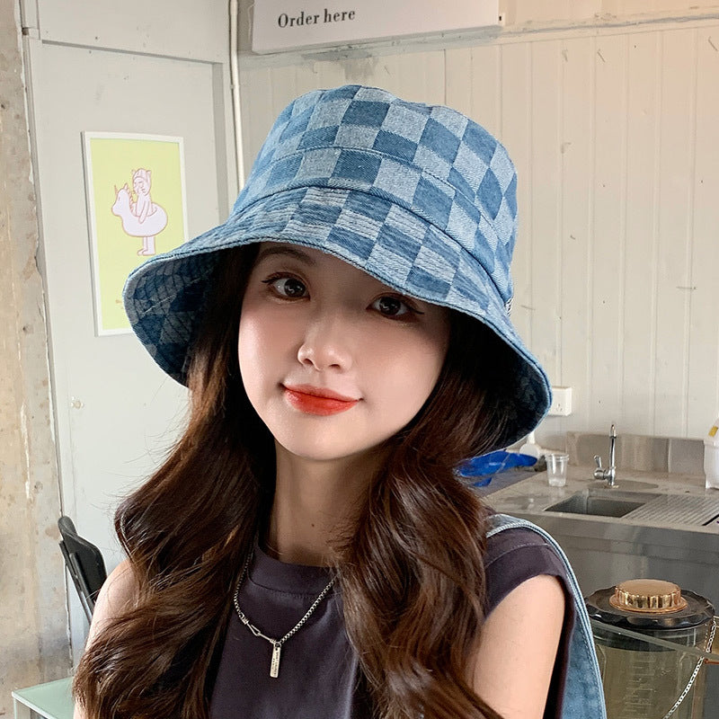 Women's Plaid Shade Sunscreen Denim Fisherman Hat