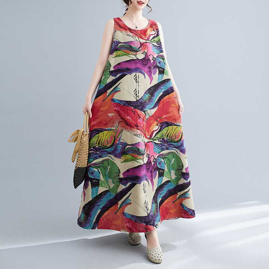 Vintage Floral Linen Sleeveless Round Neck Dress