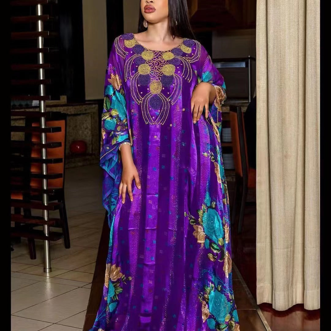 Elegant Beads Sequins Printing Long Robe African Dress