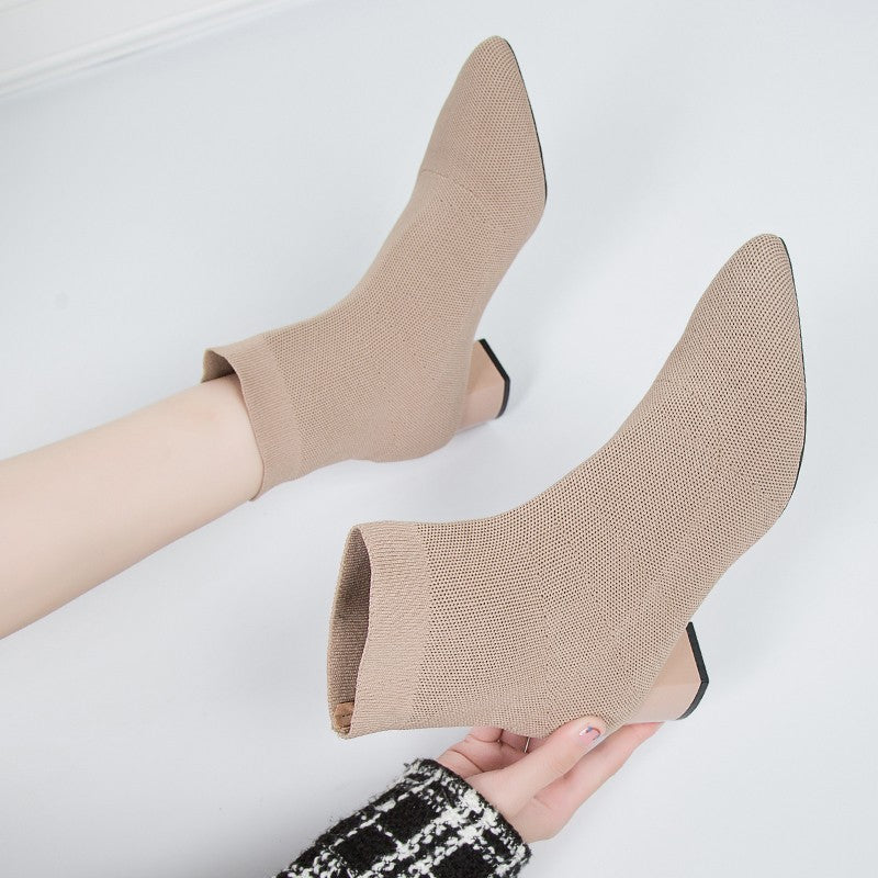 Stretch Boots Women's Mid-heel Pointed Knit Socks Shoes