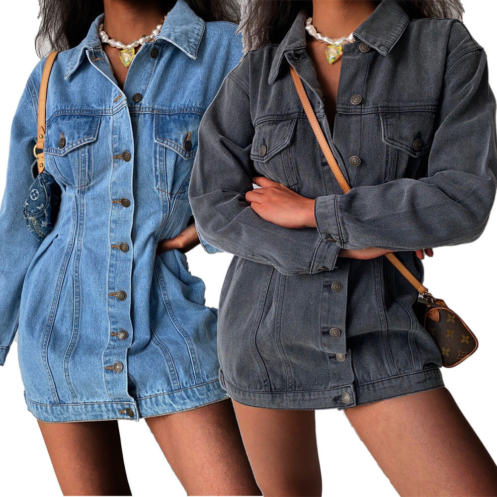 Long Sleeve Denim One-piece Dress Mid-length Jacket
