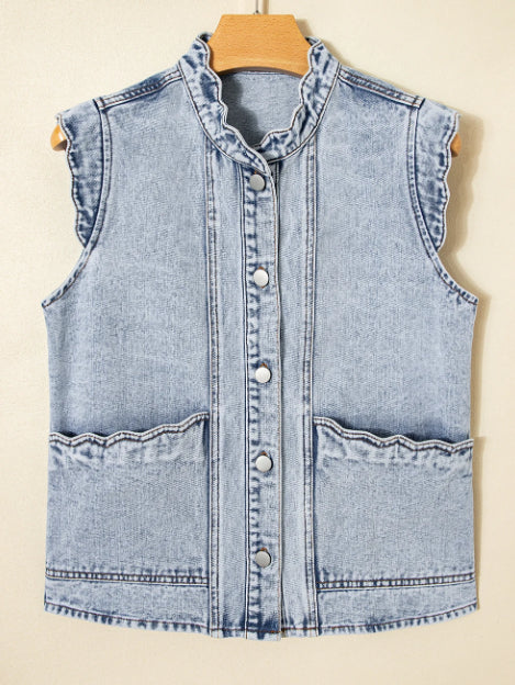 Fan-shaped Trim Patch Pocket Button Front Denim Vest