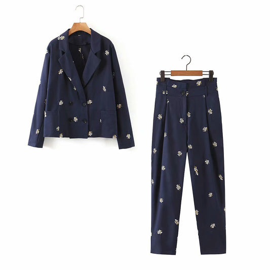 Suit jacket + embroidered casual pants suit