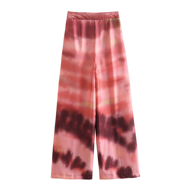 V-neck Long Sleeve Tie-dye Loose Shirt Satin Print Straight-leg Trousers Suit