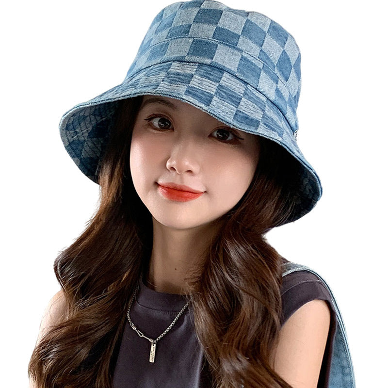 Women's Plaid Shade Sunscreen Denim Fisherman Hat