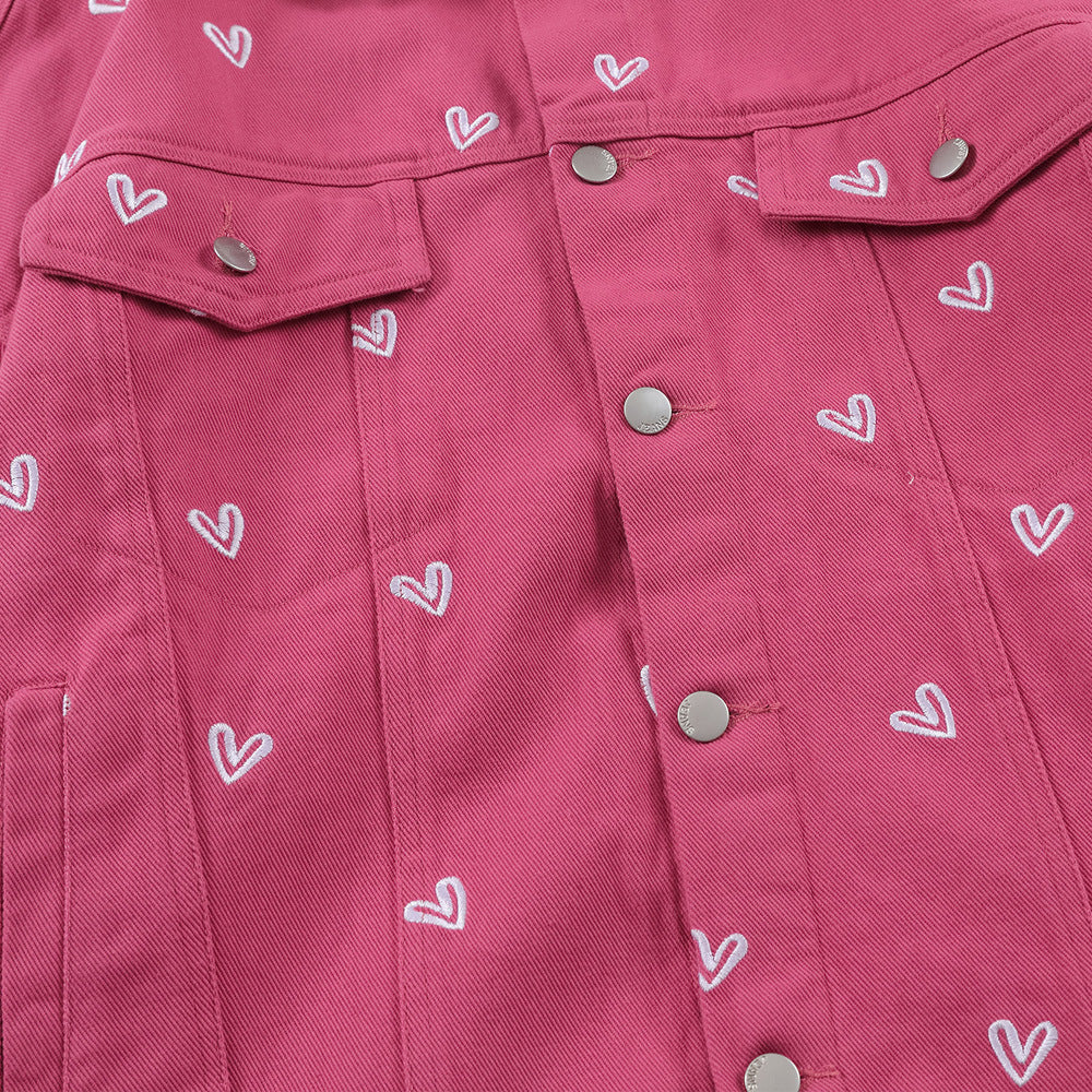 Love Embroidered Denim Men's Loose Lapel Workwear Jacket