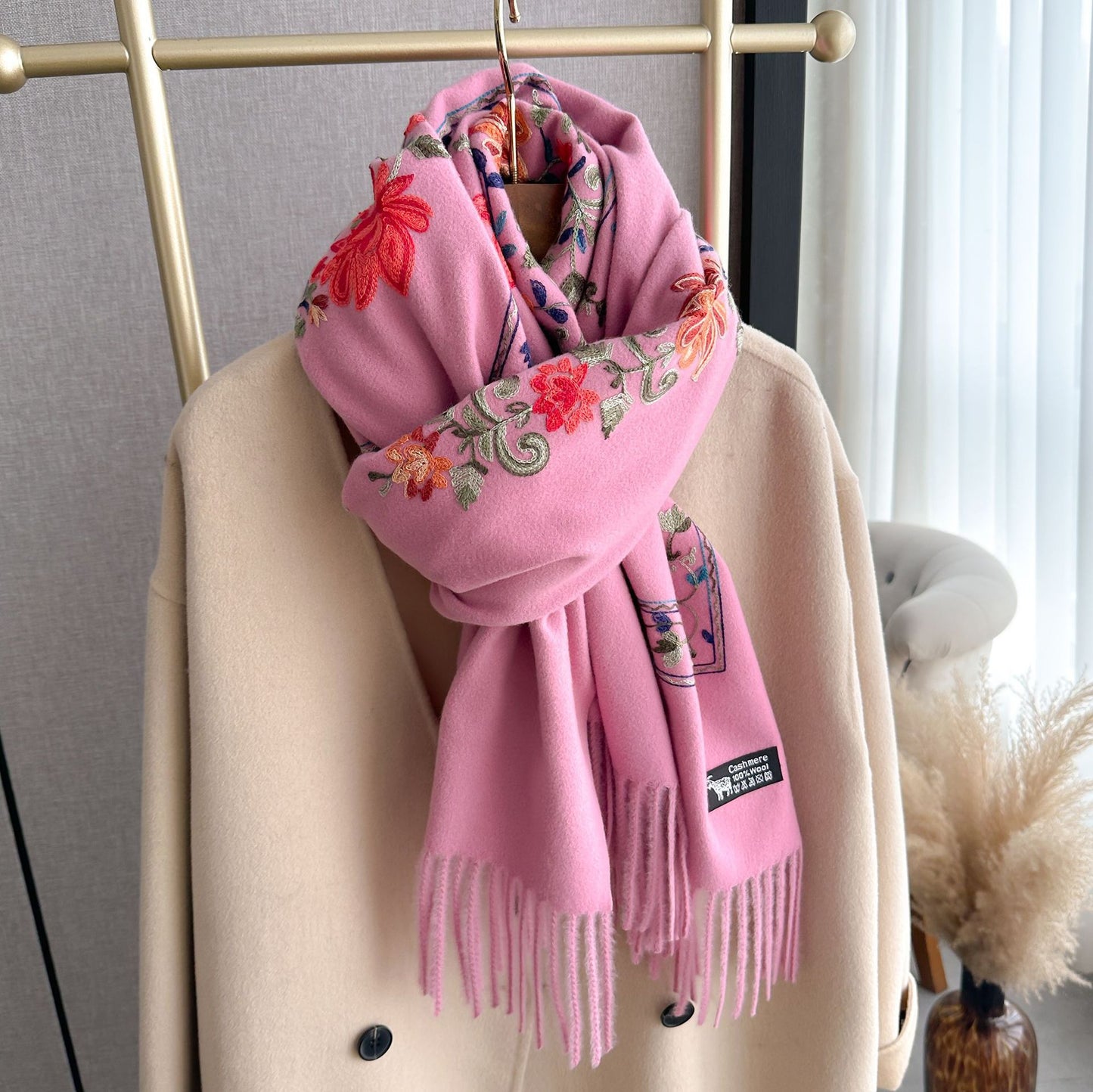 Red Gold Silk Embroidered Scarf For Women Winter All-matching Wool Extra Thick