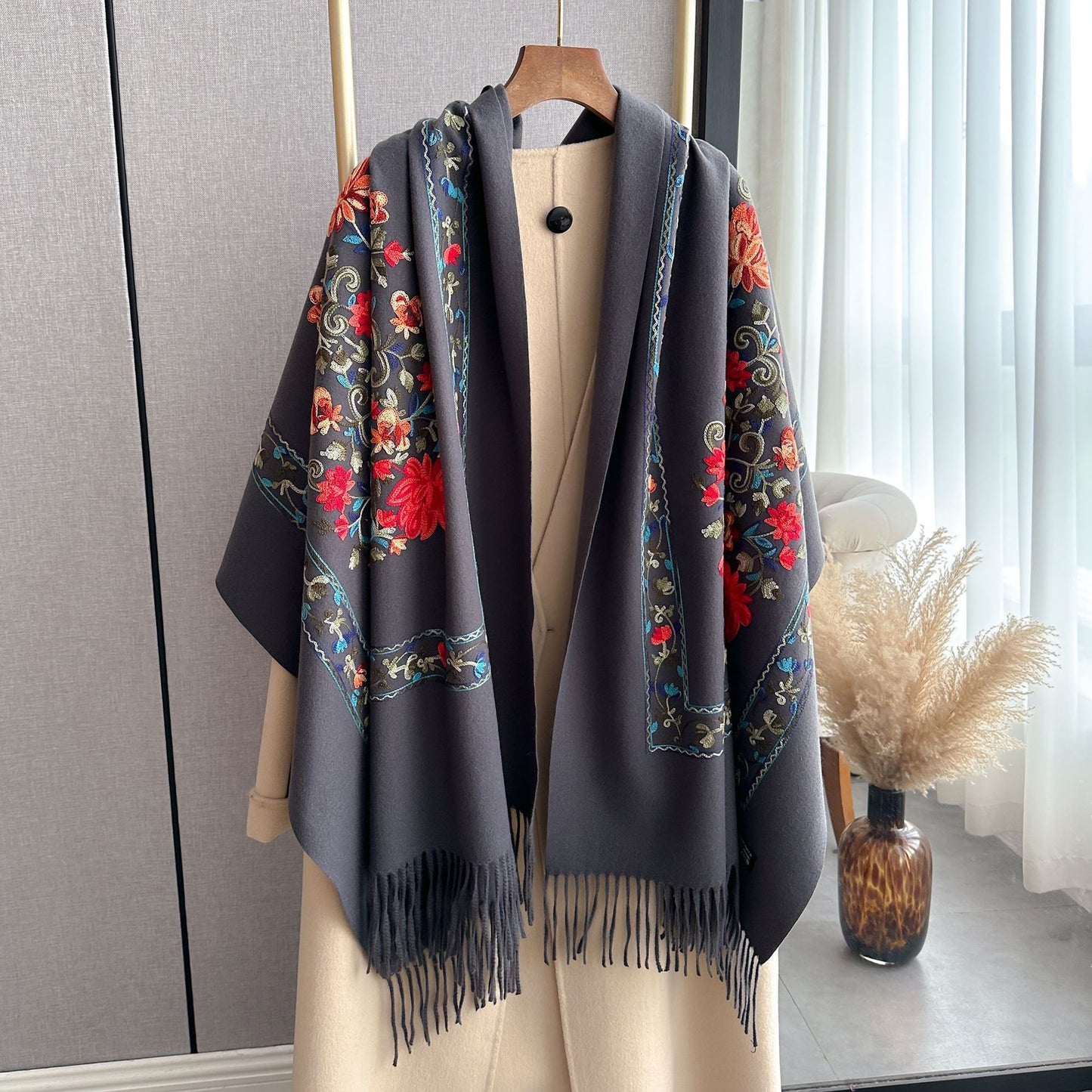 Red Gold Silk Embroidered Scarf For Women Winter All-matching Wool Extra Thick