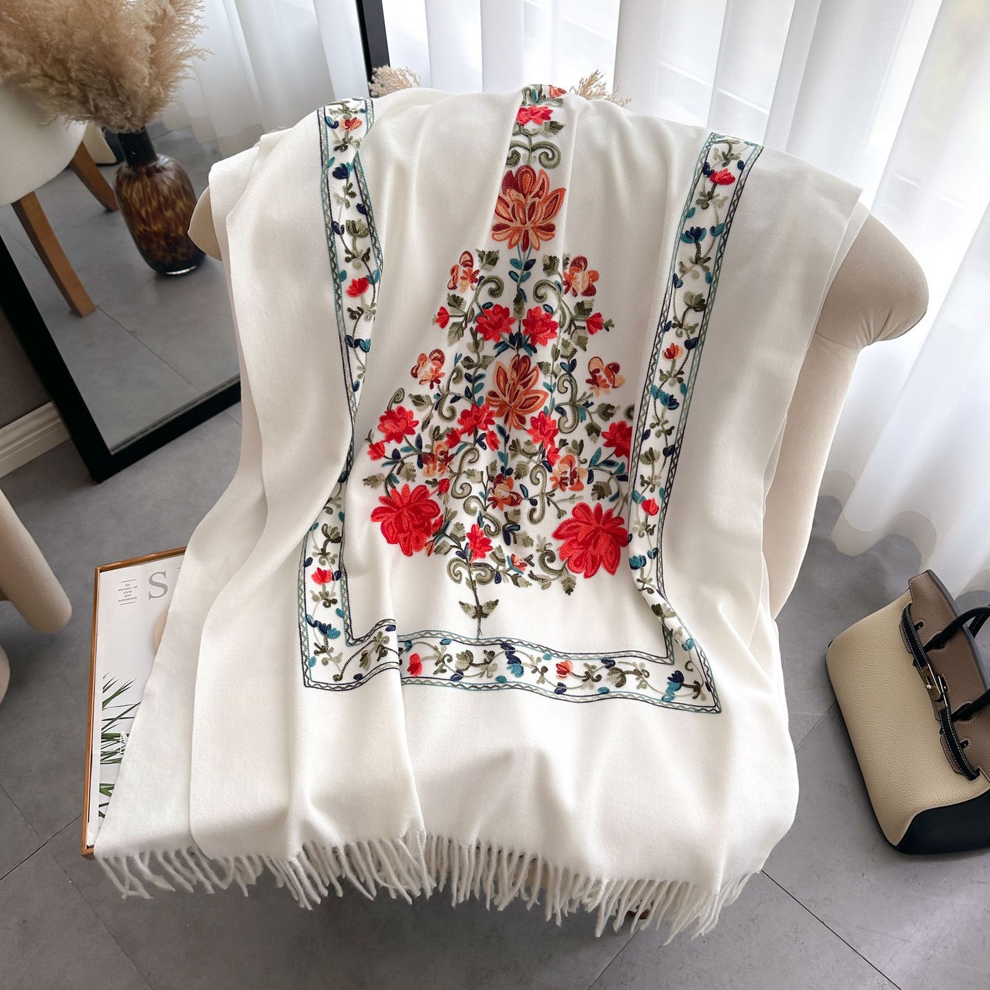 Red Gold Silk Embroidered Scarf For Women Winter All-matching Wool Extra Thick