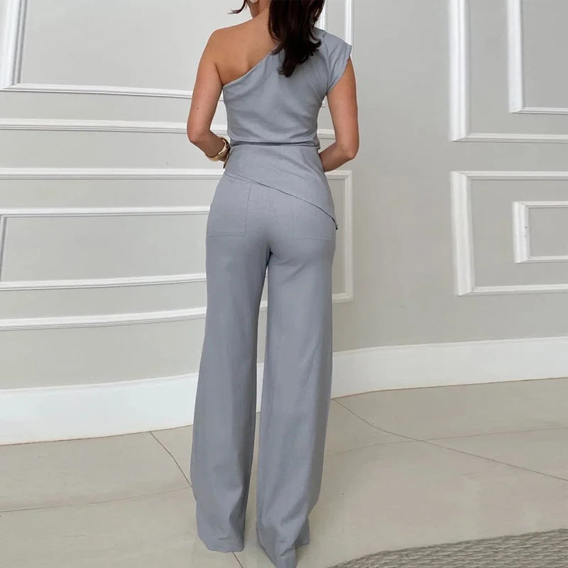 European And American Diagonal Collar Sleeveless Top High Waist Slim Pants Two-piece Set