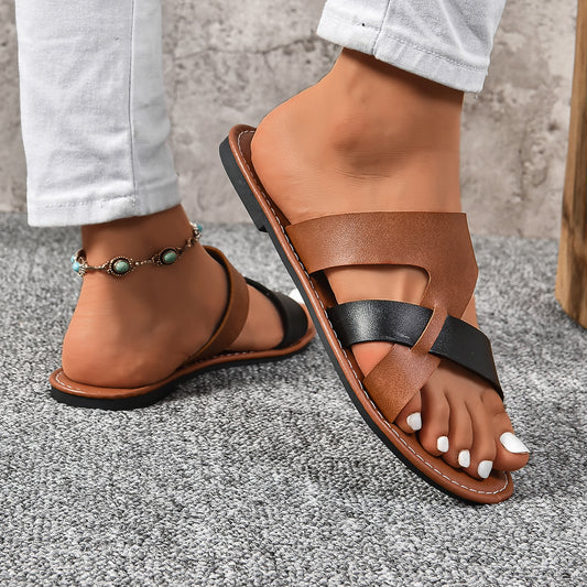 Round Toe Color-blocking One-word Women's Fashion Plus Size Platform Slippers