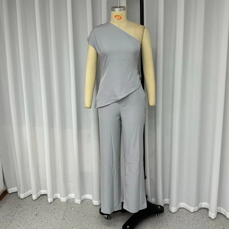 European And American Diagonal Collar Sleeveless Top High Waist Slim Pants Two-piece Set