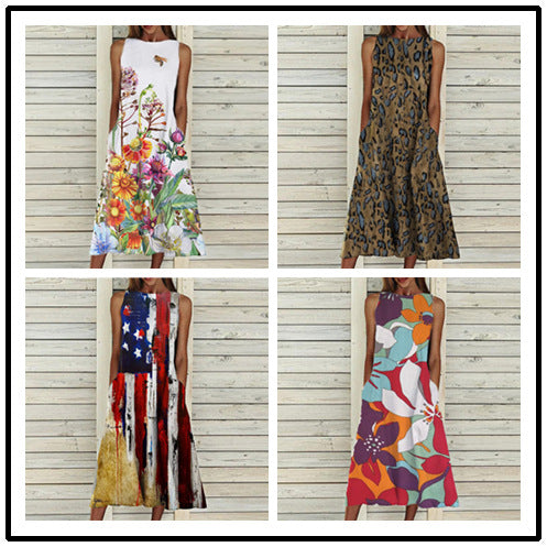 Sleeveless Pastoral Style Printed Casual Cool Vest Dress