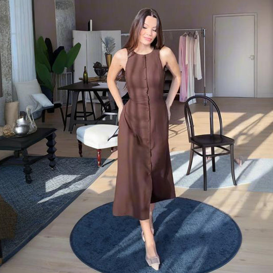 Women's Sleeveless Button Waist Trimming Fashion Dress