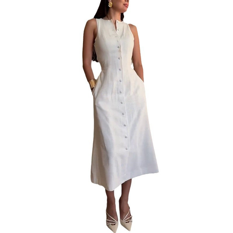 Women's Sleeveless Button Waist Trimming Fashion Dress