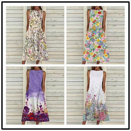 Sleeveless Pastoral Style Printed Casual Cool Vest Dress