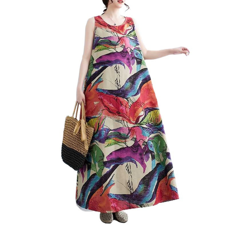 Vintage Floral Linen Sleeveless Round Neck Dress