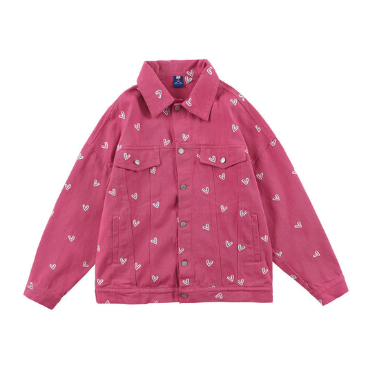 Love Embroidered Denim Men's Loose Lapel Workwear Jacket