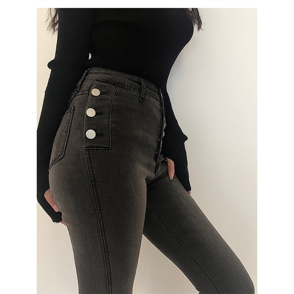 Women's High Waist Button Down Thickened Jeans