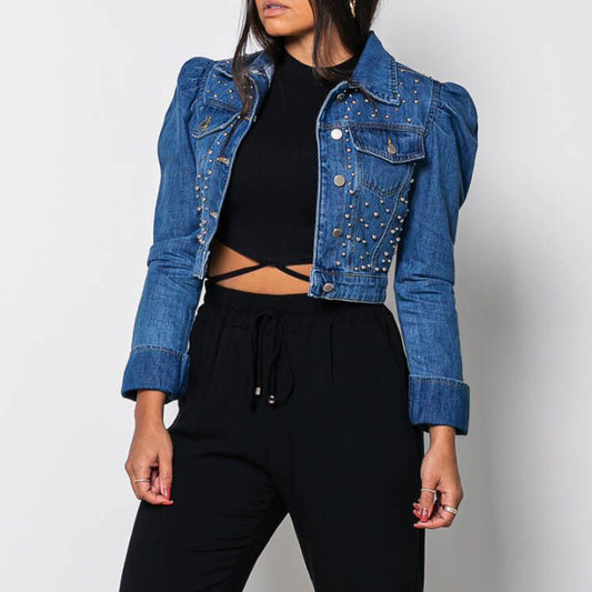 Denim Long-sleeved Retro Puff Sleeve Short Beaded Jacket
