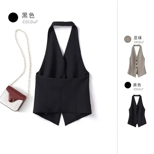 Spicy Girl Halter Neck Sleeveless Short Suit Vests Women's Spring Summer Waist Slim All-match Casual Single Breasted Tank Tops