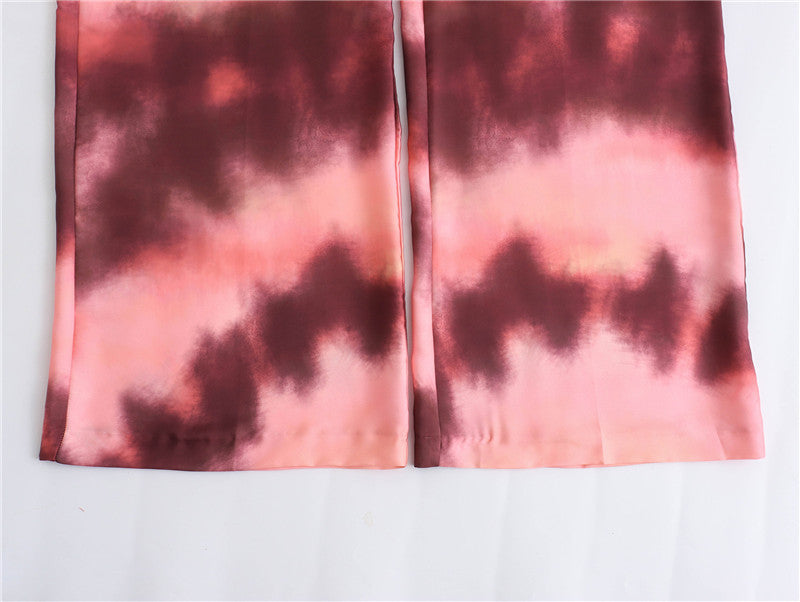 V-neck Long Sleeve Tie-dye Loose Shirt Satin Print Straight-leg Trousers Suit