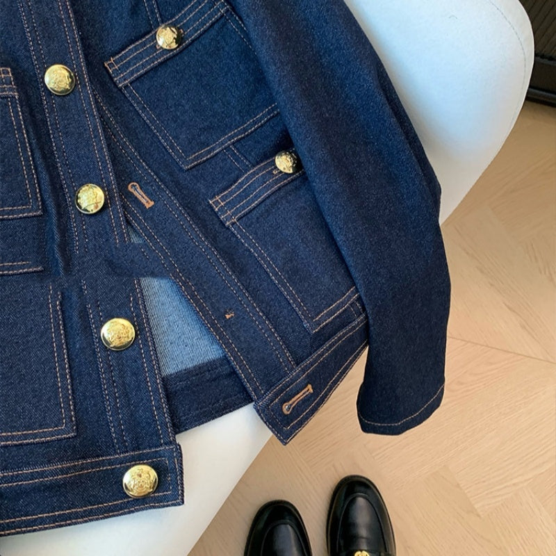 Classic Style Retro Blue Denim Coat For Women