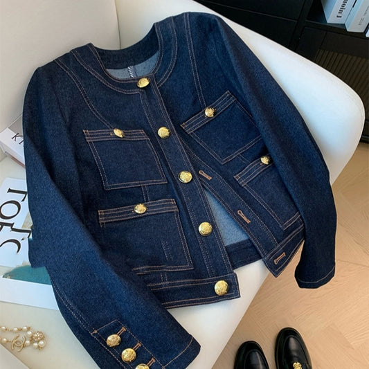 Classic Style Retro Blue Denim Coat For Women