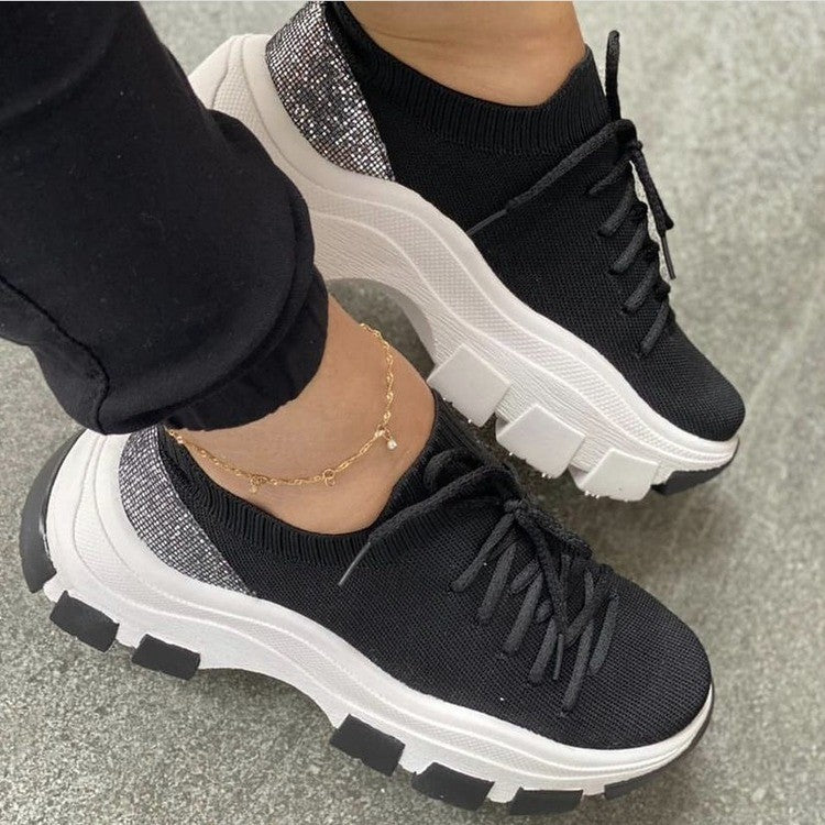 Platform Women's Sneakers With Flying Woven Lace-up Platform